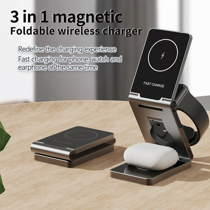  Magsafe磁吸折叠三合一金属无线充电器多功能铝合金15pro无线充电